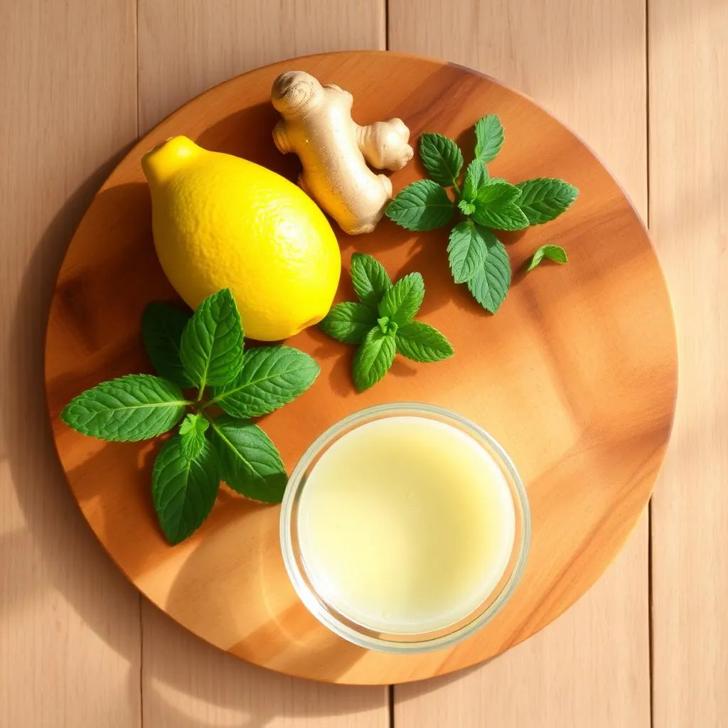 Lemon, ginger and mint arranged on a wooden board