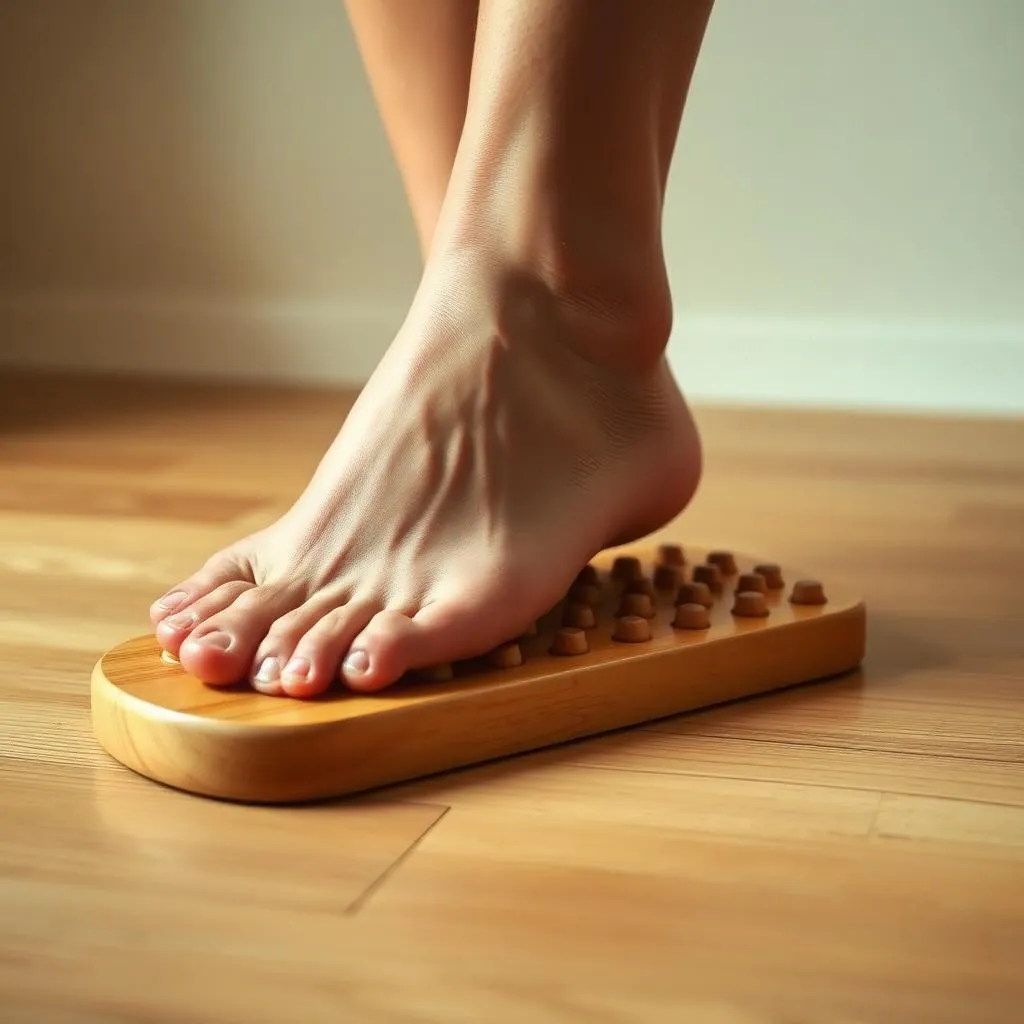 A foot resting on a Parsana plate on a wooden floor