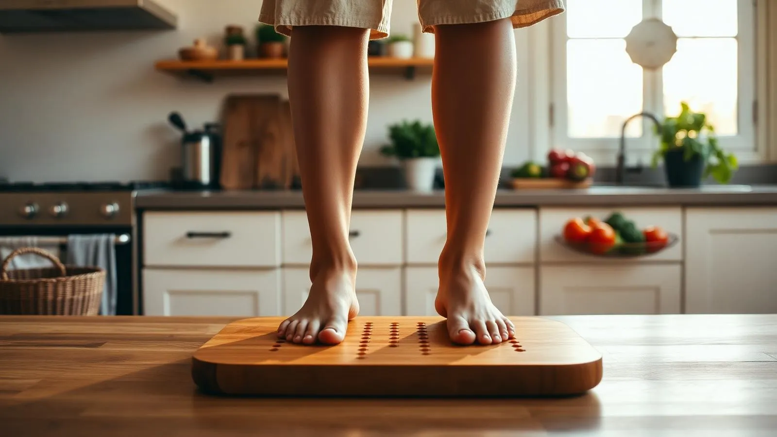 A person standing barefoot on a Parsana plate in a sunlit kitchen