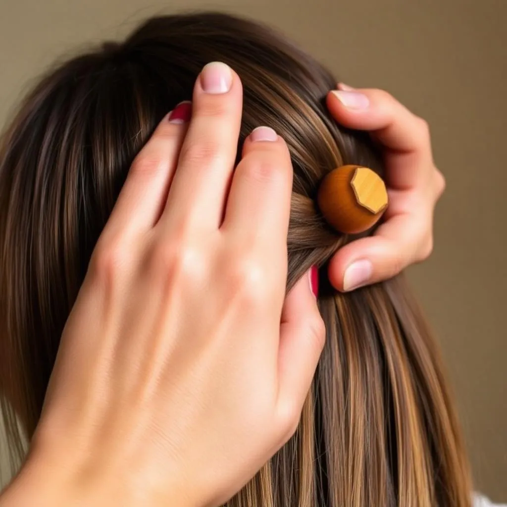 A wooden Parsana scalp tool used through hair