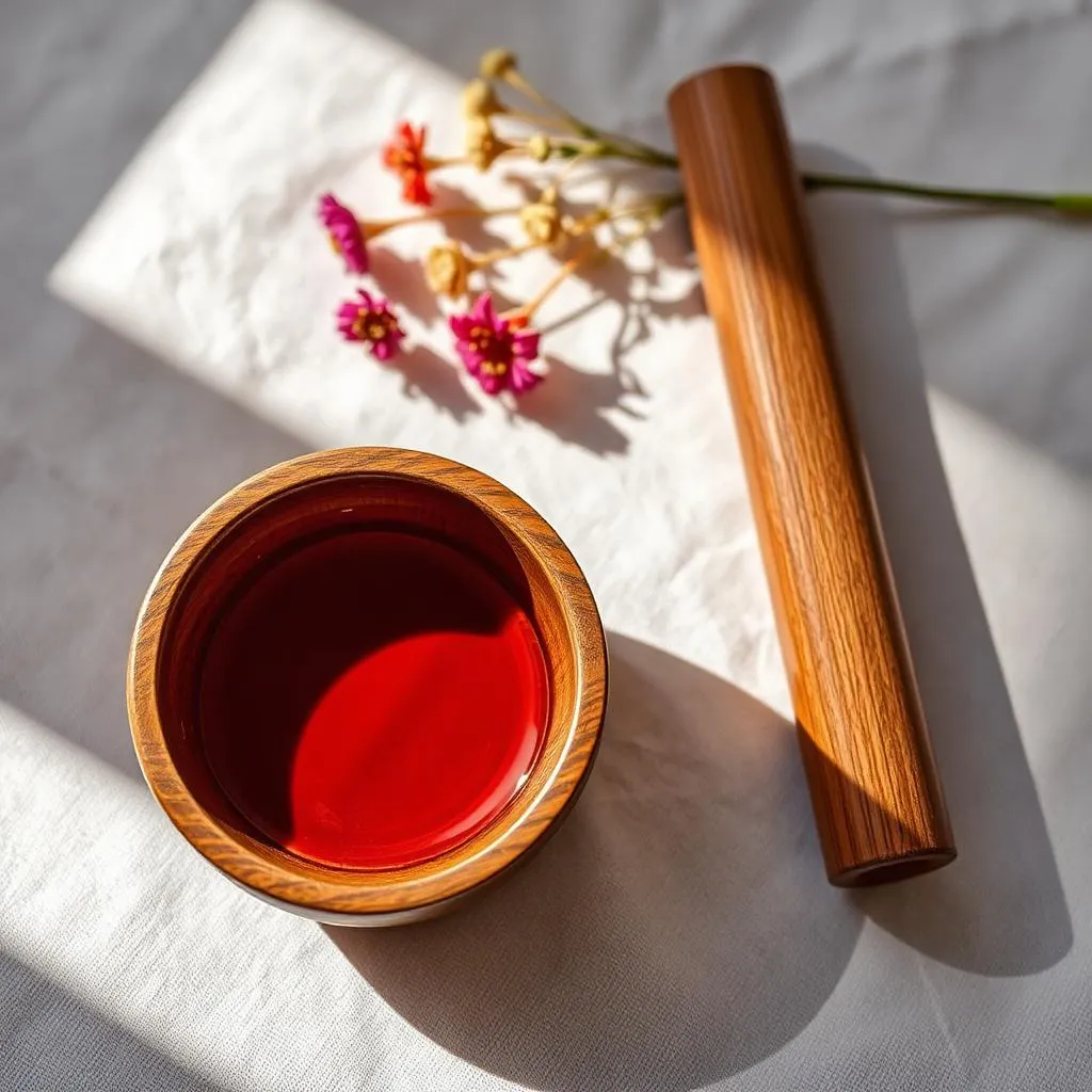 A small bowl of natural oil beside a Parsana wooden tool
