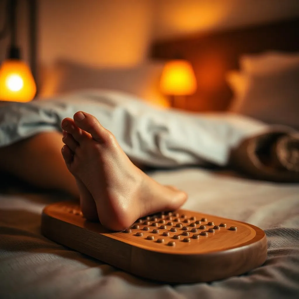 Bare feet resting on a Parsana plate beside a bed at night