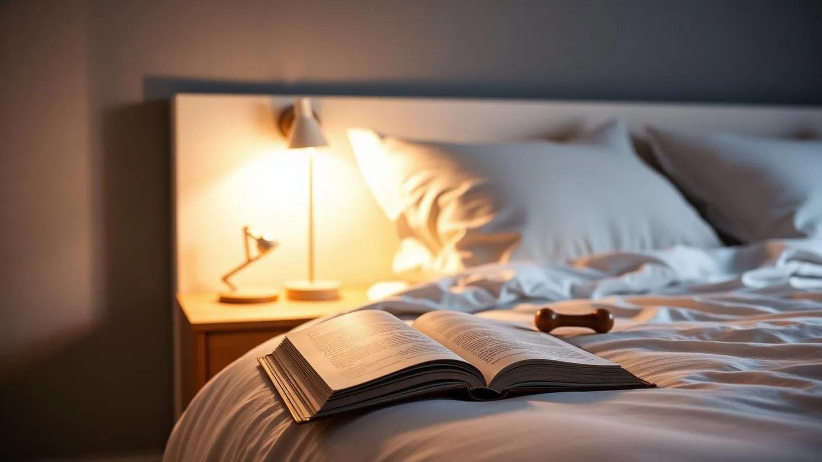A peaceful bedroom with warm bedside lamp and Parsana tool on the nightstand