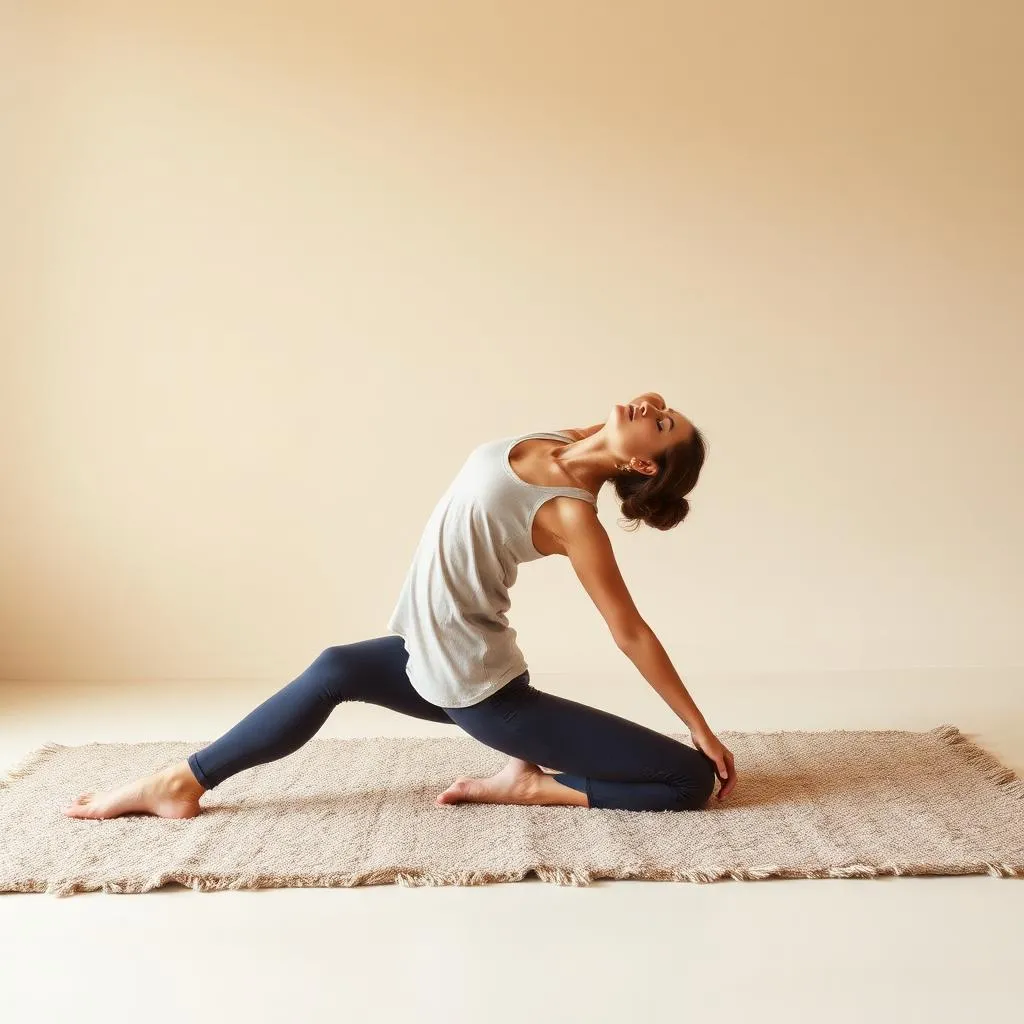 A practitioner in a low lunge stretch on a wool rug