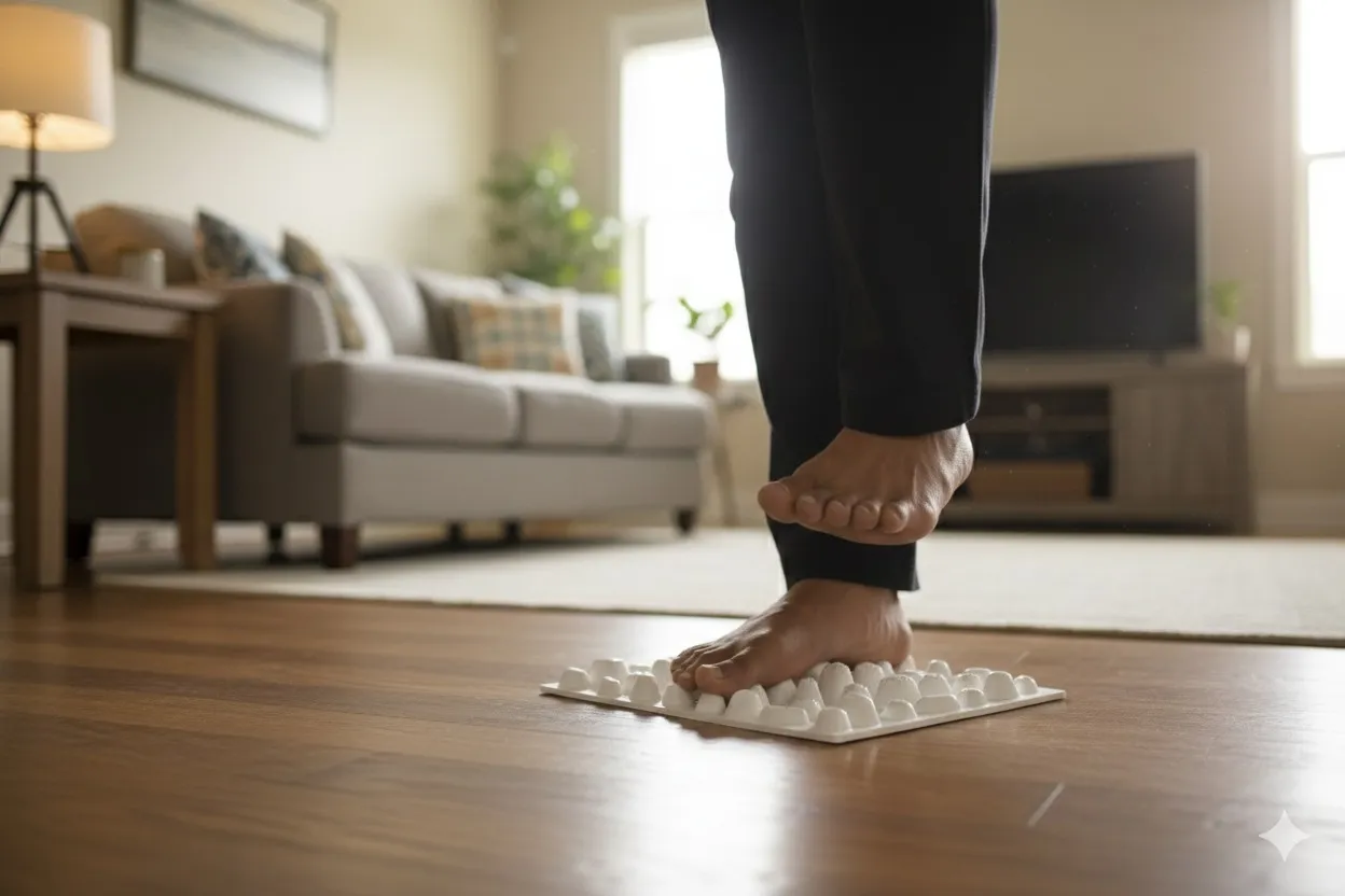 Feet closeup on the plate, knee reflex zone